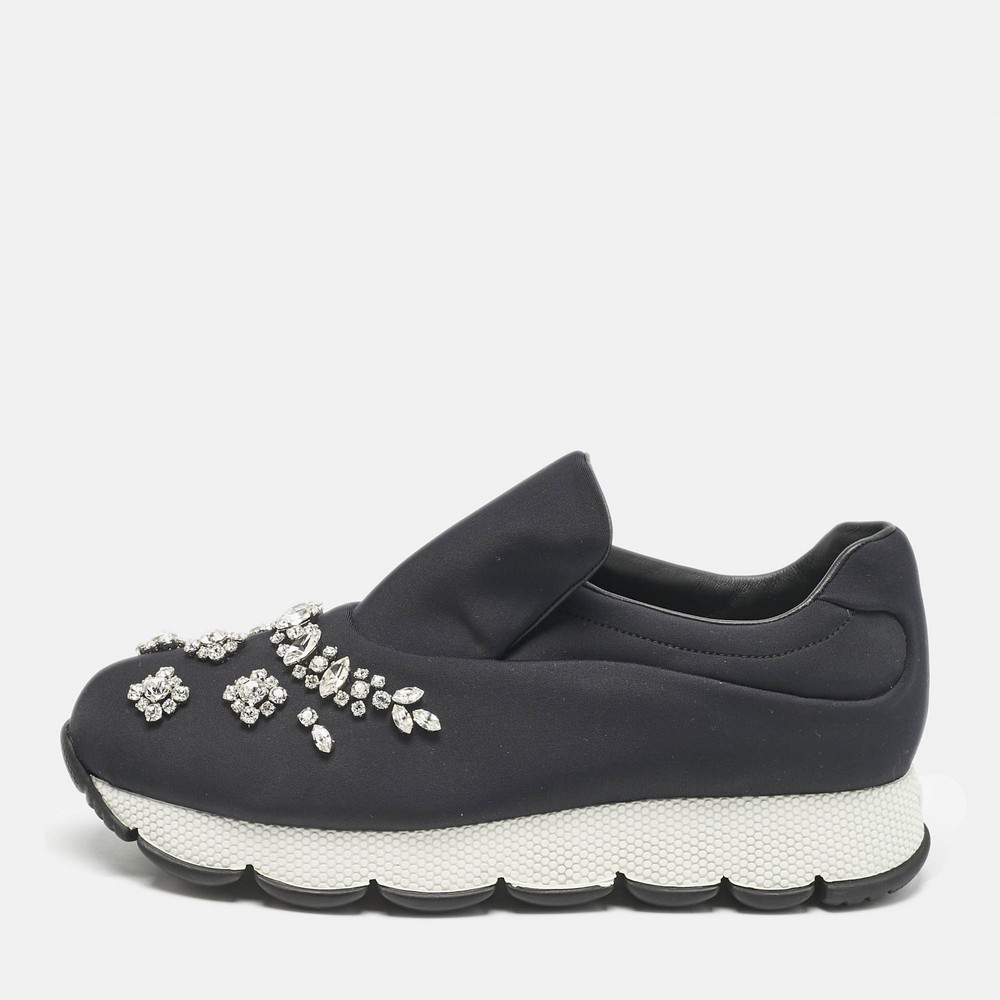Prada Black Nylon Crystal Embellished Slip-On Sneakers Size 38.5