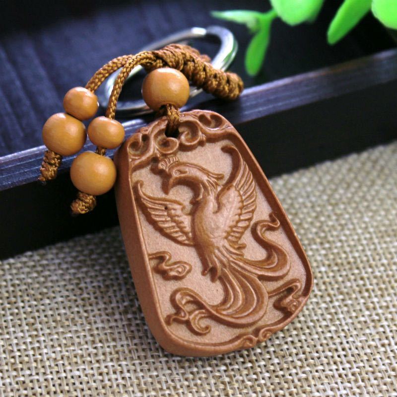 Wood carving phoenix carving key chain netsuke zodiac sign amulet crafts 40mm