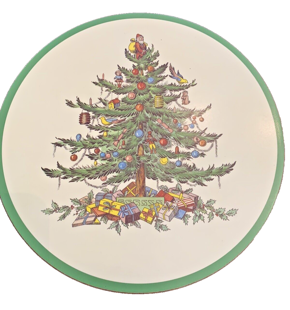 Spode Christmas Tree Round Trivet (10”) Hot Plate Pad Cork Backing w/ Feet NICE