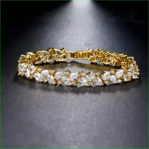 Lab Created Diam Women's Tennis Bracelet 14K Yellow Gold Plated 10Ct Pear Cut 7