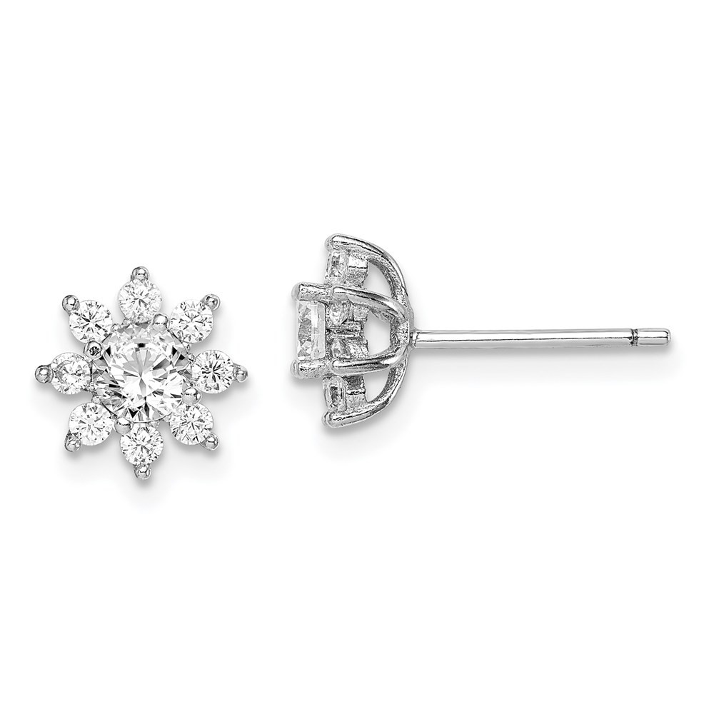 Sterling Silver Rhodium-plated Polished Cubic Zirconia Flower Post Stud Earrings
