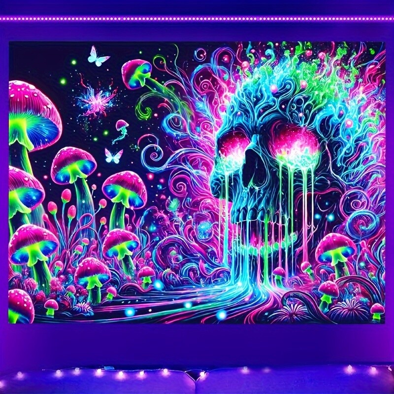 HEGO Psychedelic Skull Tapestry - 1pc, UV Black Light Fluorescent Polyester Wall