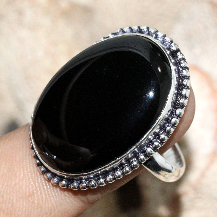 925 Silver Plated Black Onyx Ethnic Ring Handmade Jewelry Size US 10 JW