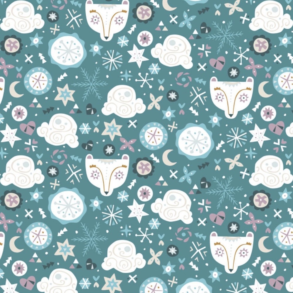 Snowfall Polar Bear Faces Teal 100% Cotton Fabric by The Yard