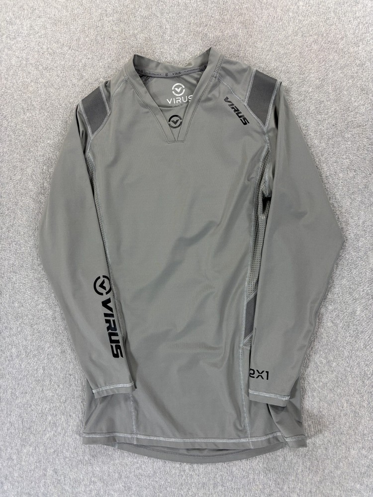 Men's Silver Virus Compression Long Sleeve Rash Guard Shirt Medium