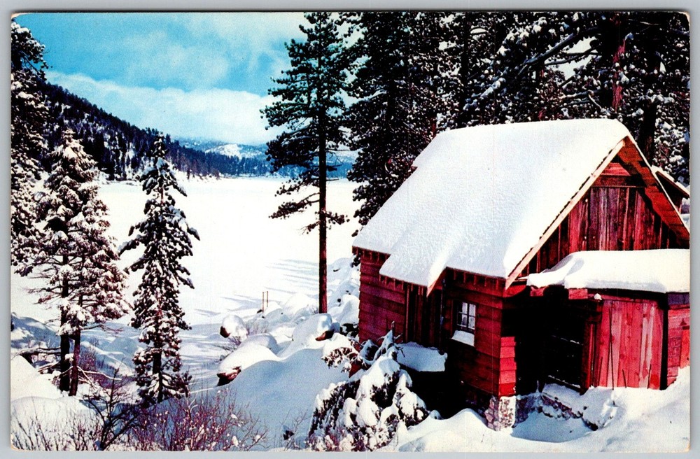 Vtg Postcard Winter Lodge Cabin 1950s