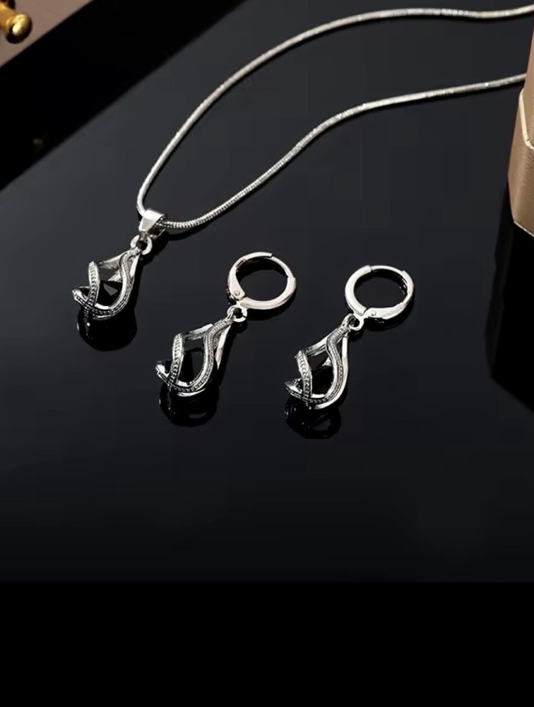 Water Drop CZ 925 Sterling Silver Plated Woman Jewelry Set With Black Cristal