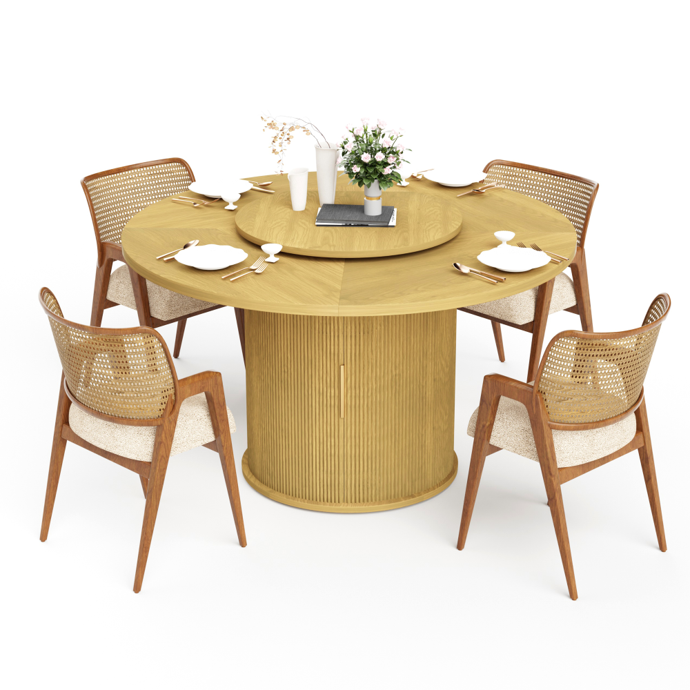 55in round dining table for six featuring a storage rack and a rotating tabletop