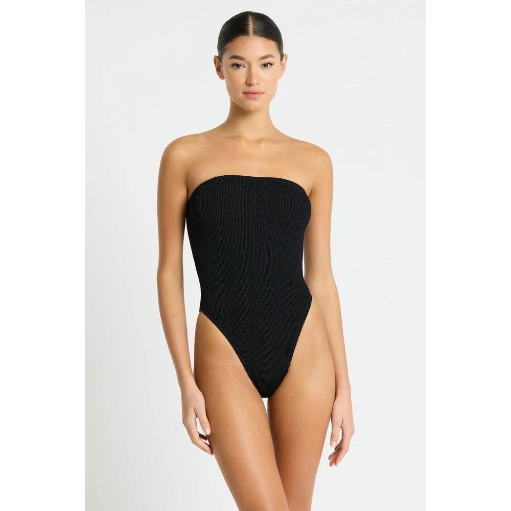 Bond-Eye Mara One Piece Swimsuit Womens OS Black Strapless Eco High Cut $120 NWT