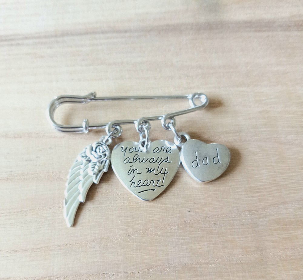 Memorial Pin Brooch for Dad with Heart Charm and Tassel for Shawl or Lapel