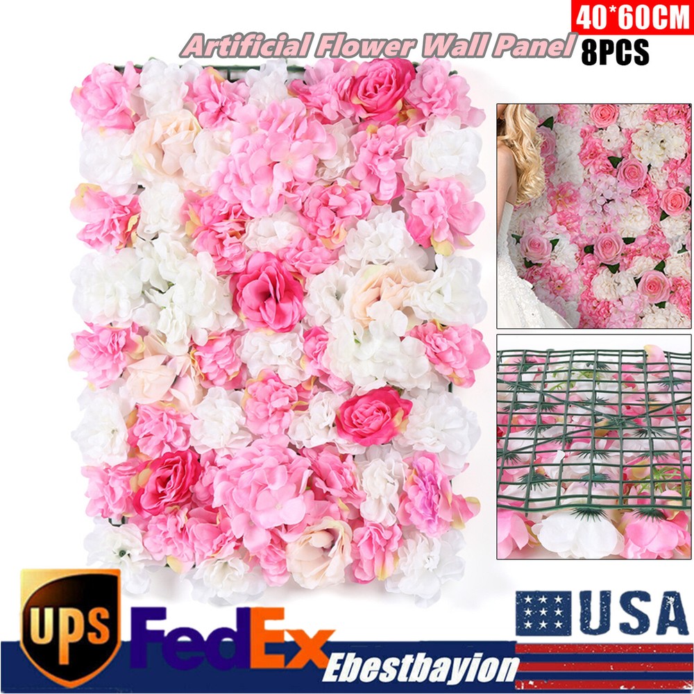 8Pcs Rose Flower Wall Panels Artificial Silk Wedding Supply Decor Party Floral