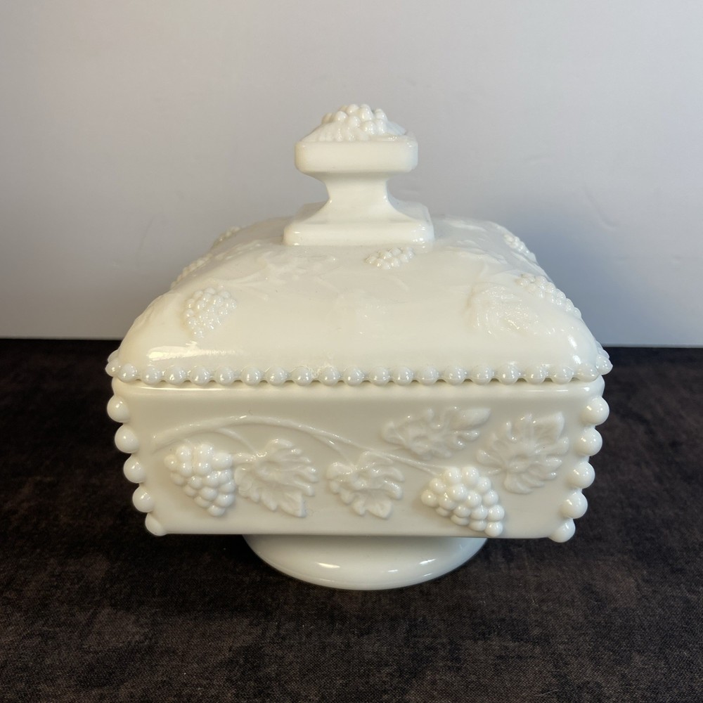 Vintage Westmoreland Beaded Milk Glass-Grape Candy-Honey-Trinket Dish-5” Tall