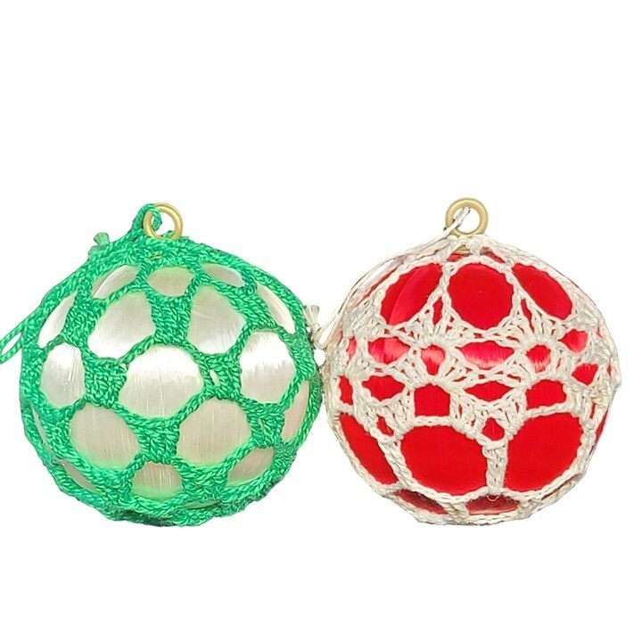 2 Satin Crochet Lace Christmas Tree Ornaments Handmade Holiday Decor Vtg Retro