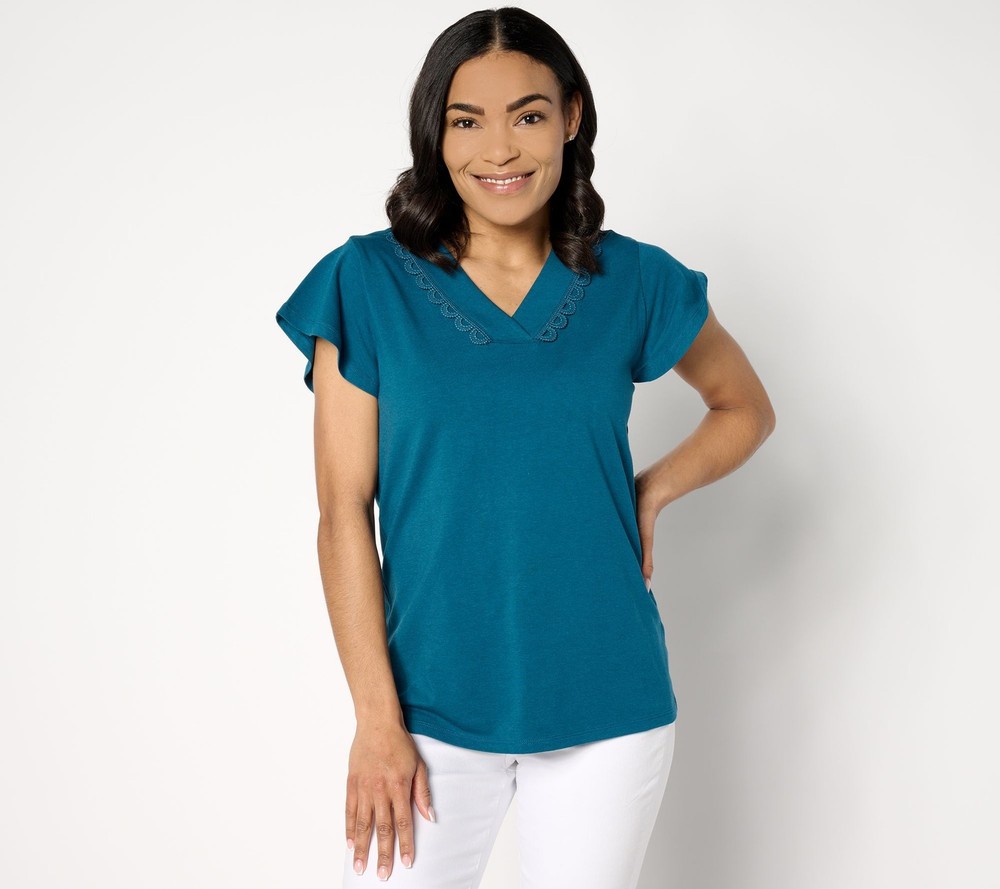 Denim & Co. Women's Top Sz M Favorite Jersey V-Neck Flutter Sleeve Blue A649613