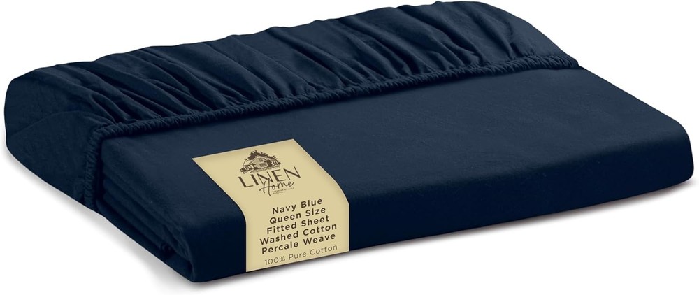 Washed Cotton Percale Fitted Sheet Queen Size Navy Blue 1 Deep Pocket Fitted ...