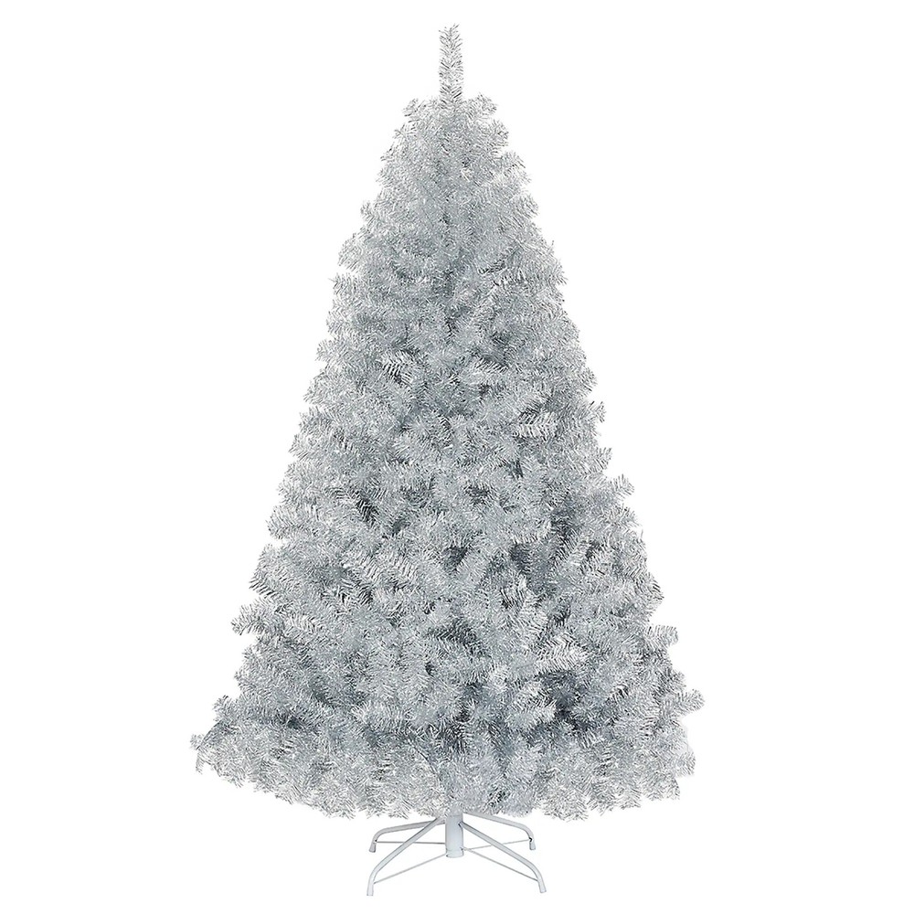 6 Ft Silver Tinsel Artificial Christmas Hinged Tree for Holidays