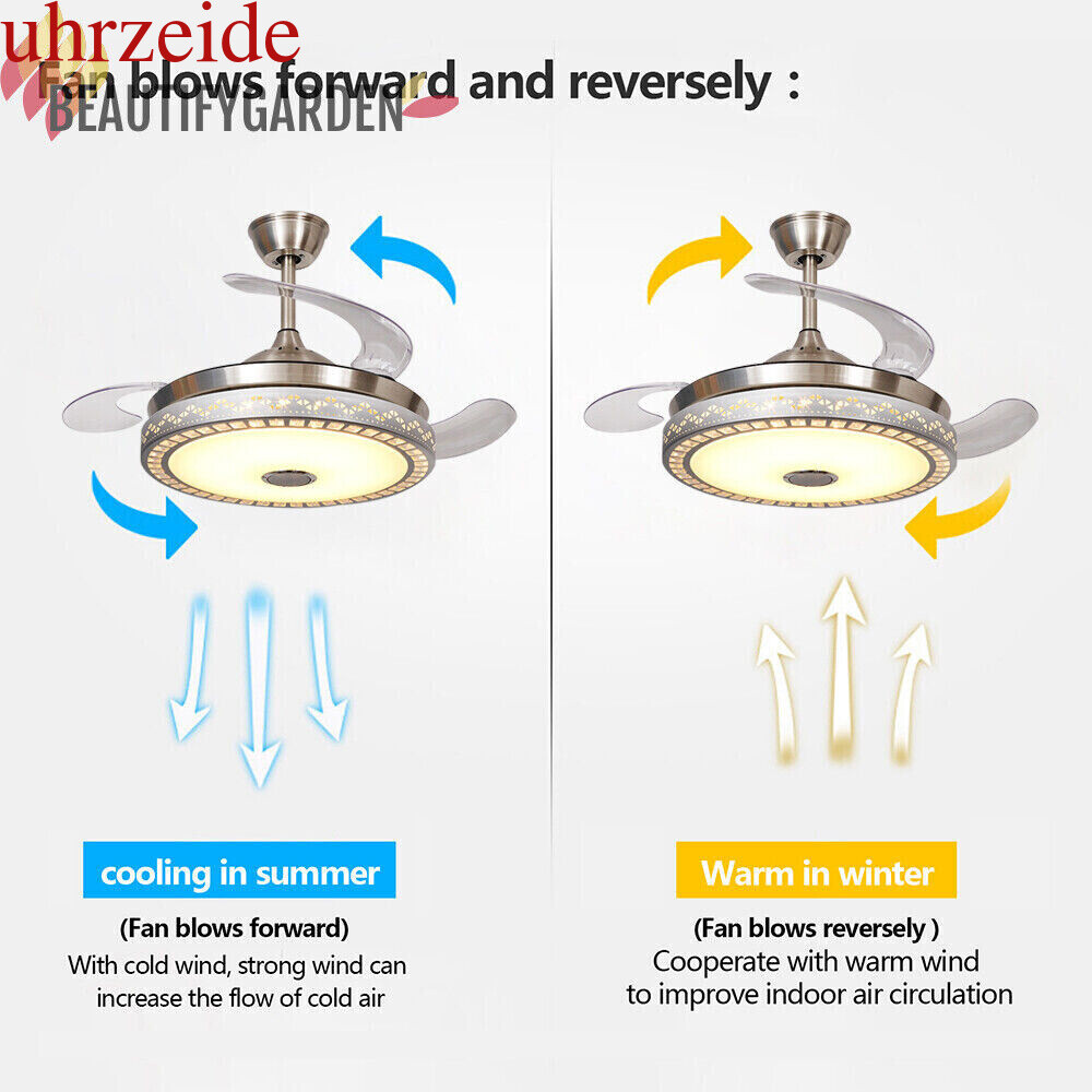 Retractable Ceiling Fan with LED Light Bluetooth Speaker 7 Color Changing US