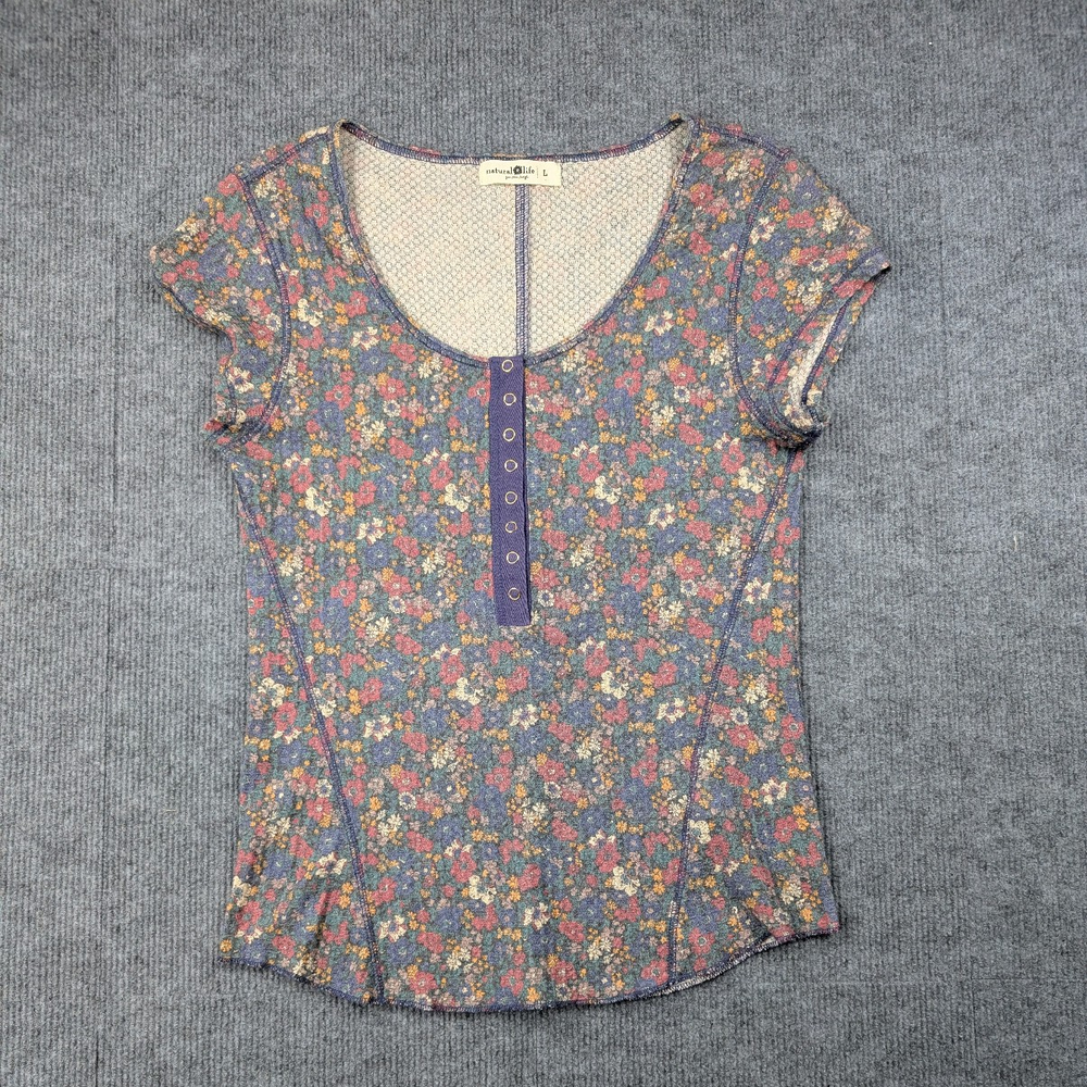Natural Life Reagan Henley Shirt Womens Large Floral Thermal Knit Boho Hippie