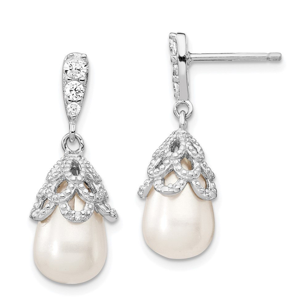 Sterling Silver White Cultured Pearl & Cubic Zirconia Drop & Dangle Earrings