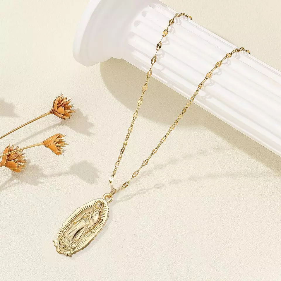 Guadalupe Virgin Gold Plated Charm Pendant and Figaro Chain Necklace