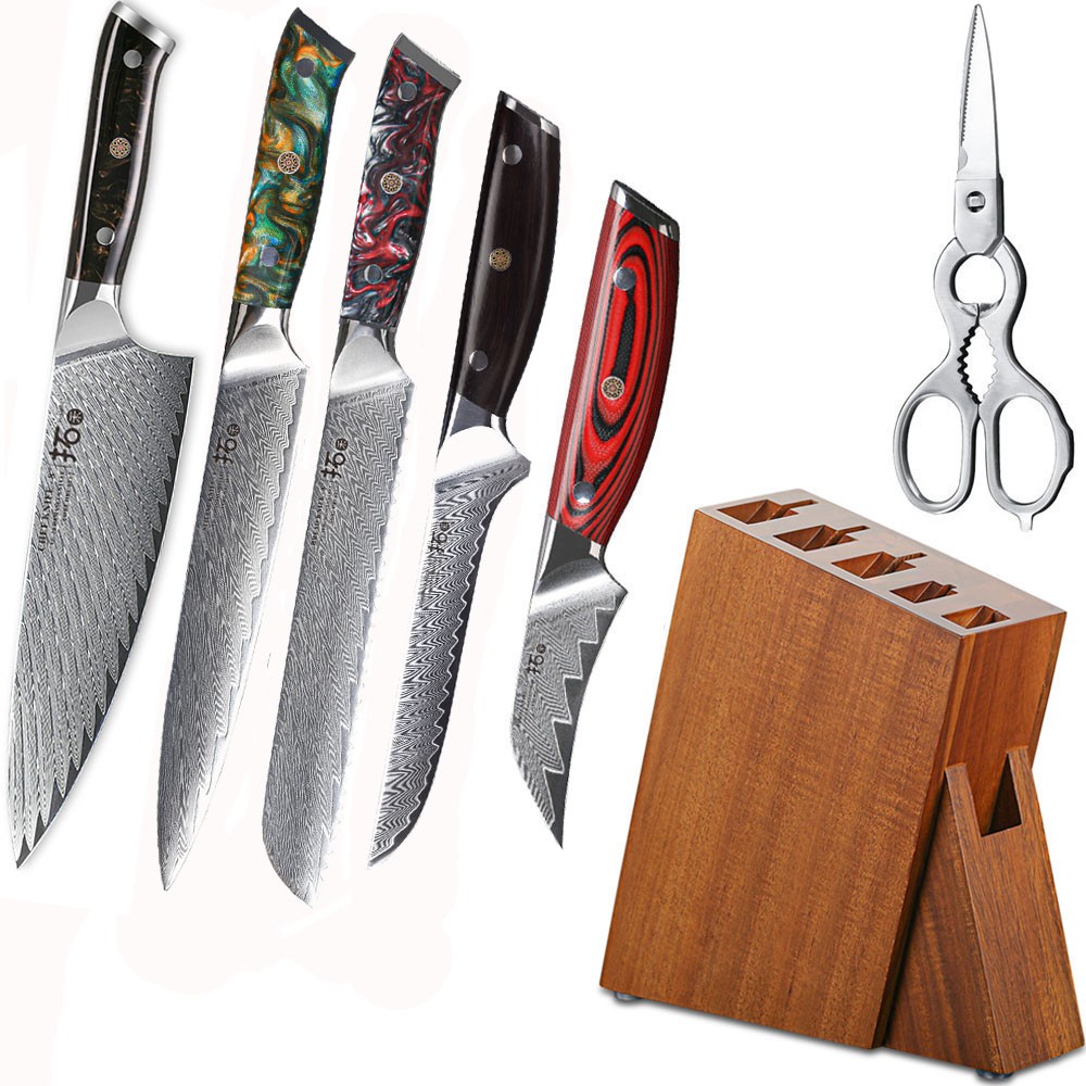 7Pcs TURWHO Kitchen Knife Set Japan VG10 Damascus Steel Chef Bread Slicing Knife