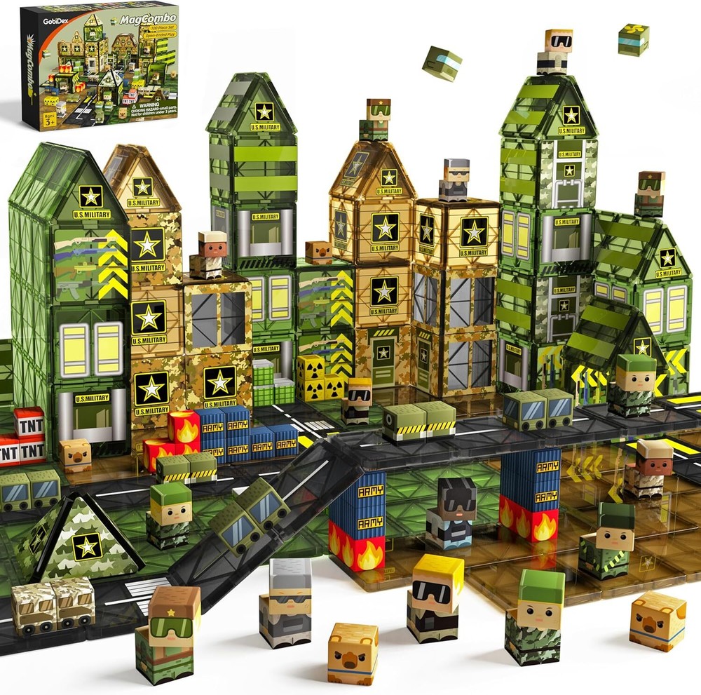 100PCS STEM Magnetic Tiles Building Blocks Set with Army Figures for Creative Play