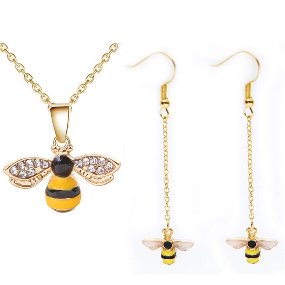 ALUOR Tiny Cute Gold Bee Pendant Necklace and Earrings Jewelry Set, Fashion C...