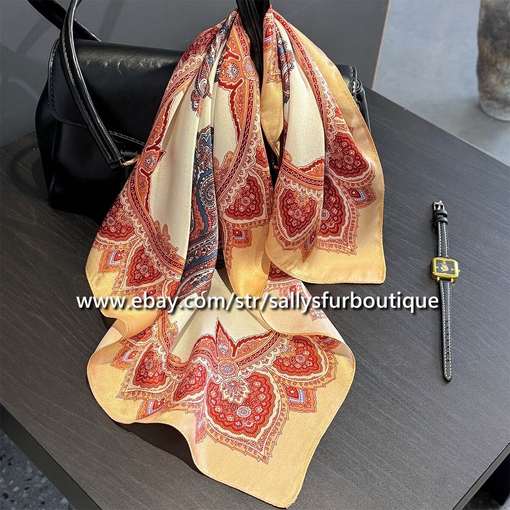 Sallys 100% Satin Silk Scarf Paisley Print Square Neck Bag Hairband 21