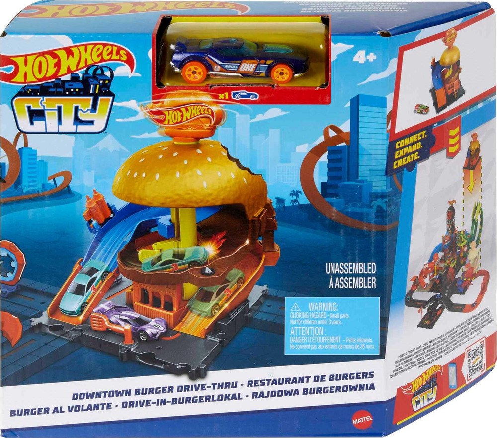 Toy Car Track Set, City Burger Drive-Thru Playset & 1:64 Scale Car, Connects ...