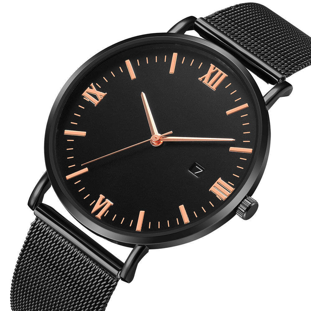 Stainless Steel Round Dial Watch with Pin Buckle and Spiral Crown, 240mm Strap