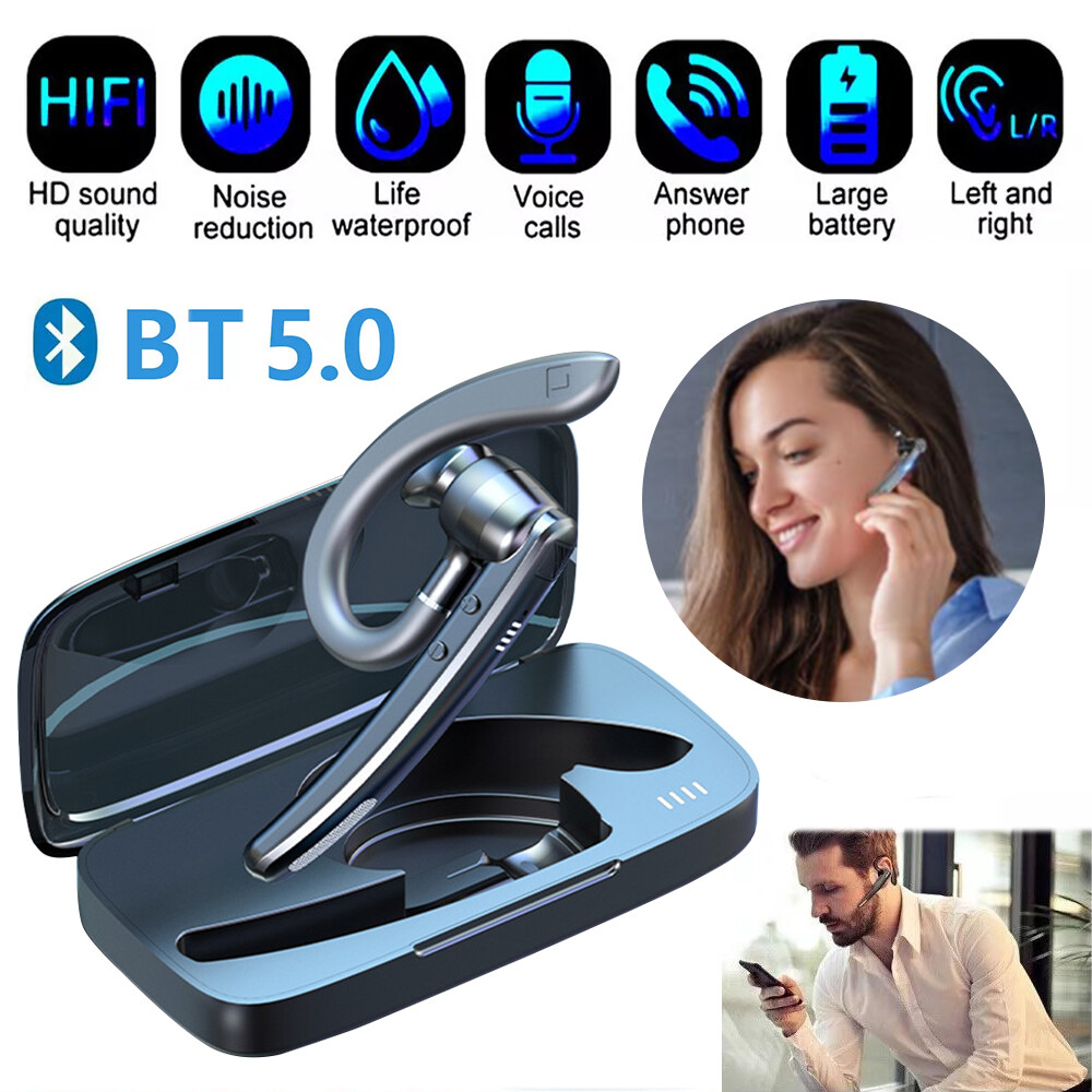 Wireless Bluetooth 5.0 Earpiece Noise Cancelling Trucker Headset Dual Mic Earbud
