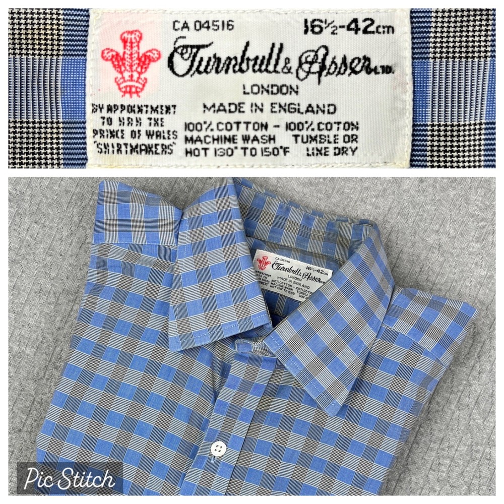 Vintage Turnbull & Asser Glen Check Button Up Shirt Men L 16.5 Blue Made England