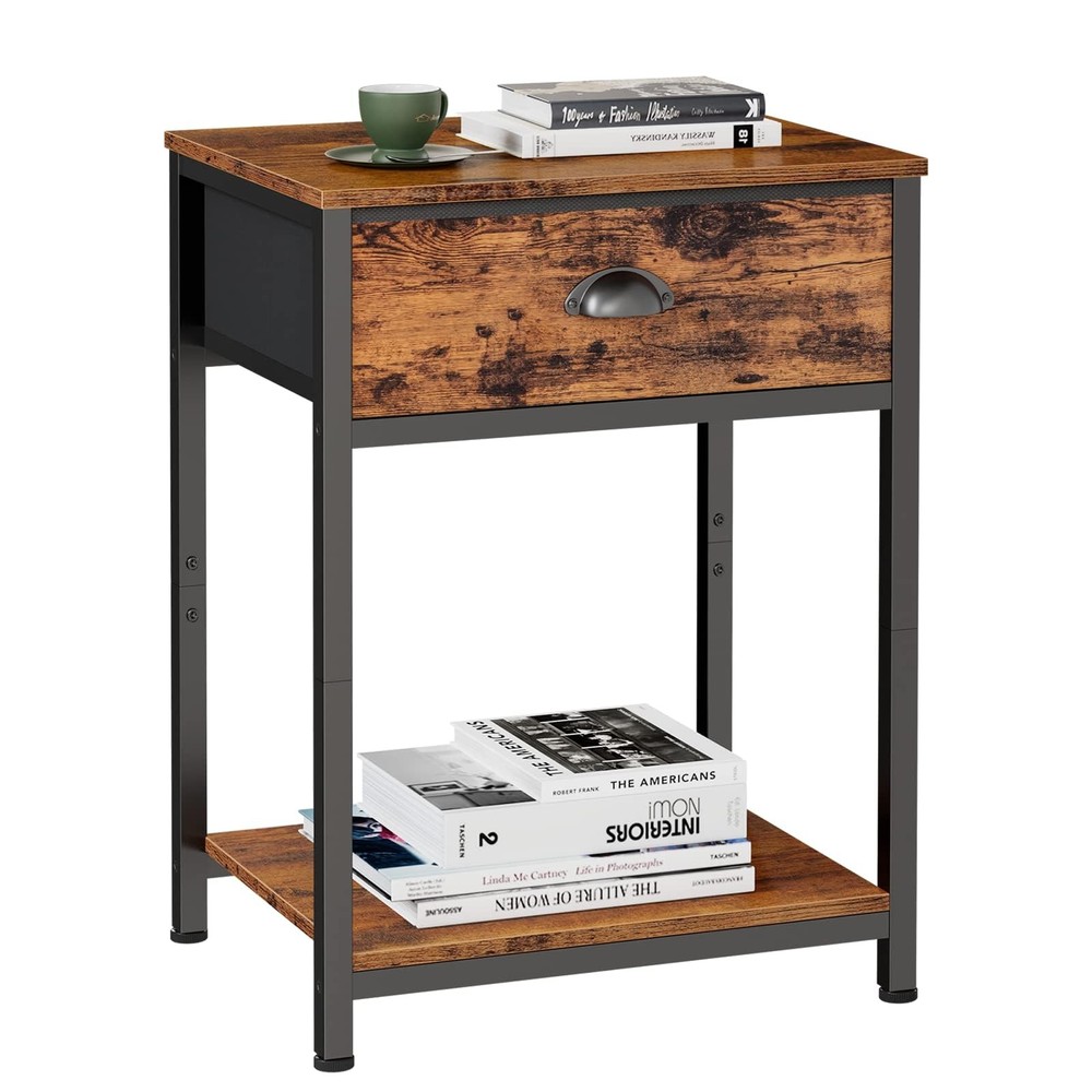 Furologee 2-Tier Industrial End Table with Storage Shelf & Fabric Drawer