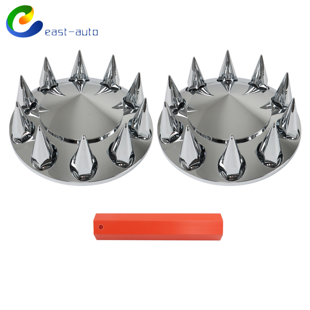 Chrome Semi Truck Front Hub Cover Set with 33mm Spiked Nut Covers US