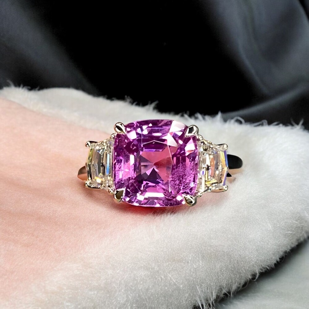 Lab Grown Purple Pink Sapphire Cushion Cut Diamond Ring 6.00 Ct 14K White Gold