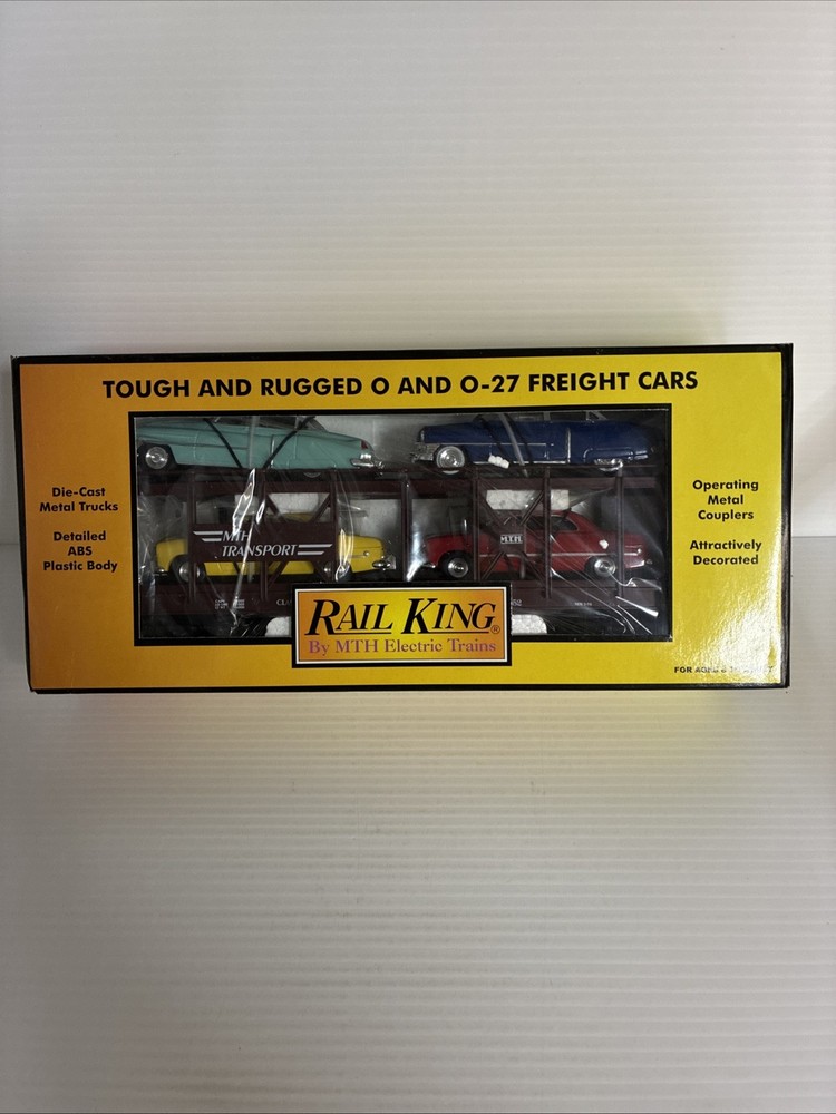 MTH Rail King 30-7628 Auto Transport Carrier with Ertl 52 Cadillac and 49 Ford Coupe