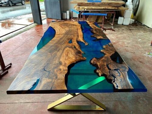 48インチx 24インチエポキシクリアリバーテーブル、ダイニングセンターソファエポキシ木製手作り装飾