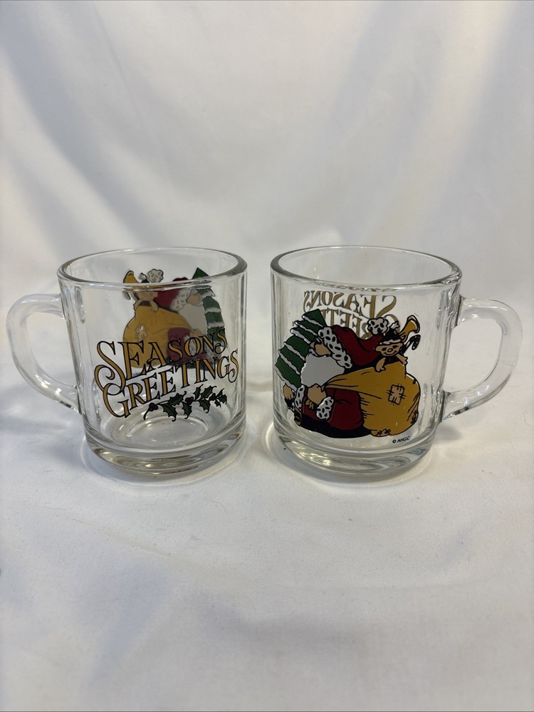 2 Santa Coffee CupsMugs Anchor Hocking Seasons Greetings Santa Christmas