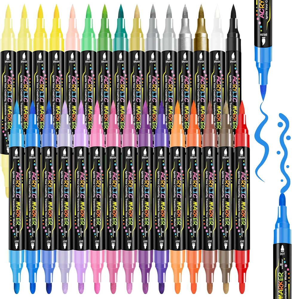 30 Colors Dual Tip Acrylic Paint Markers Pens- Premium Acrylic Paint Markers, Br