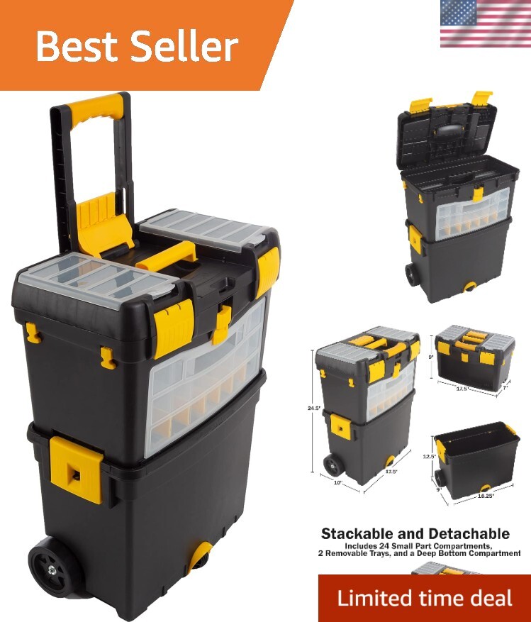 Rolling Tool Box with Wheels, Foldable Handle, Removable Top for Easy Storage