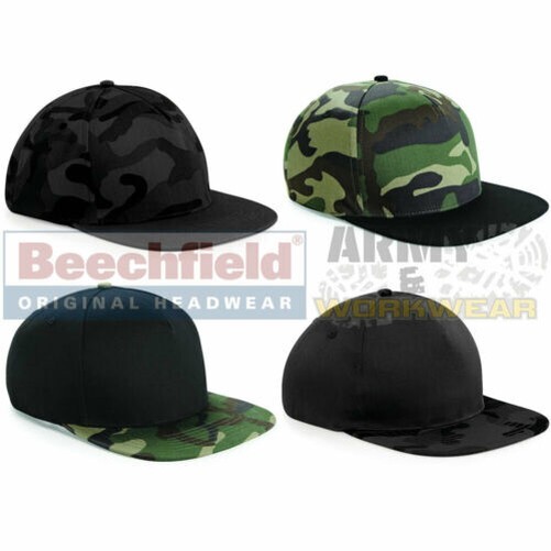 Mens Womens Camo Snapback Baseball Cap Beechfield Flat Peak Army Camouflage Hat