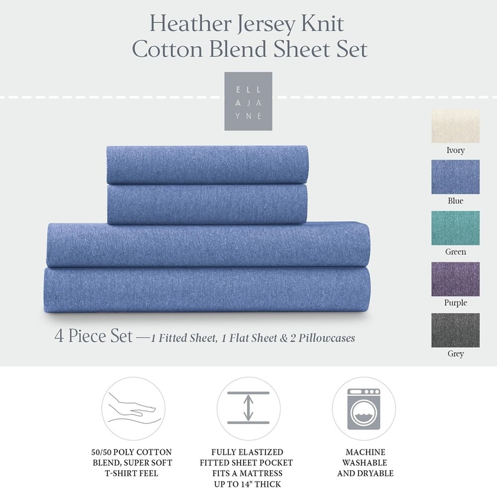 Ella Jayne Jersey Knit Sheets Set (4Pc), Cotton Tshirt Soft Sheets Queen Size