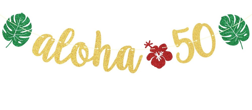 Aloha 50 Banner for Hawaiian 50th Birthday Party Decorations and Tropical Themed Celebration