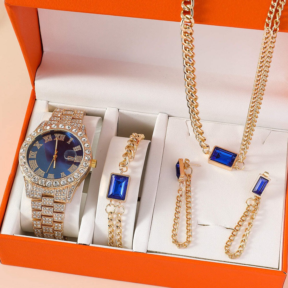 Stylish Women's Quartz Watch Set with Jewelry - Blue & Red Options Available