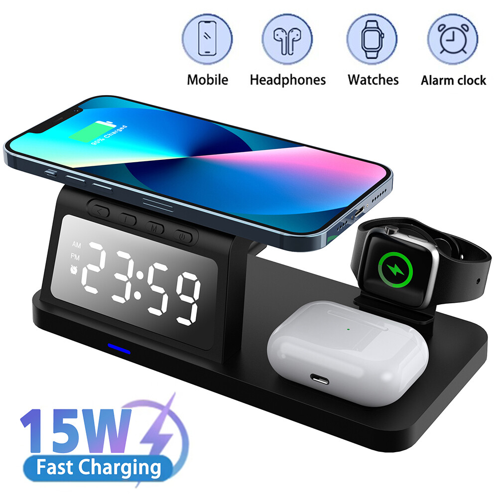 Wireless Charger Charging Station Dock Alarm Clock For Apple Watch iPhone 16 15