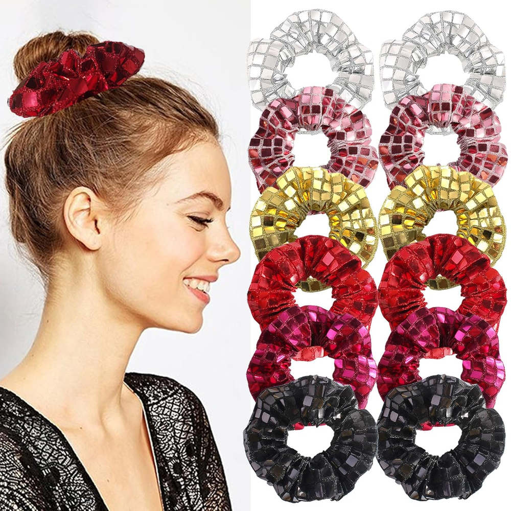12 Metallic Sequin Hair Scrunchies for Women in Silver Red Gold Ponytail Holders