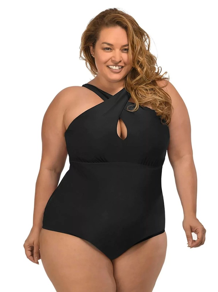 LYSA Women's Plus Size 1X Black Halter UPF 50+ One Piece Swimsuit NWT