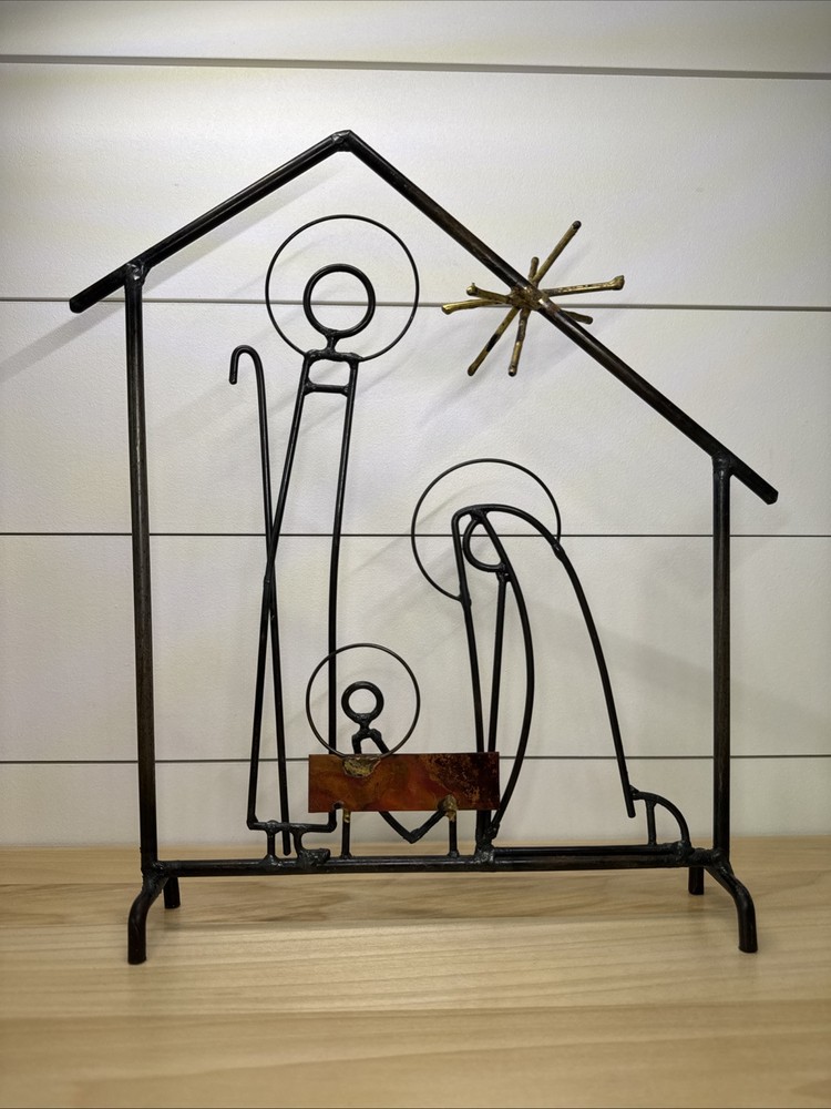 Mixed Metal Nativity Scene Holy Family Melded Welded Rods Copper Gold Star 12.5”