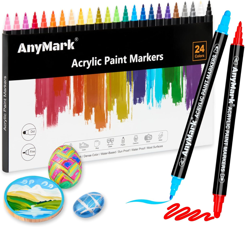 24 Dual-Tip Acrylic Paint Markers in 24 Vibrant Colors for Stone & More