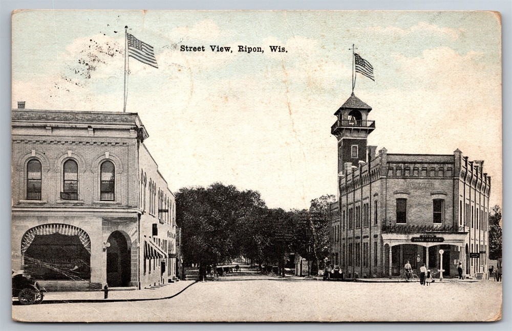 Bank Post Office Boy Bicycle St Corner Car Horse Ripon WI C1910s Postcard W2